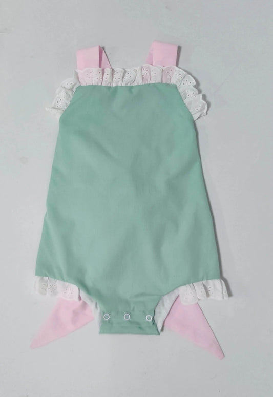 Aqua/Pink Eyelet Ruffle Bow Back Sunsuit Pink Poodle Designz