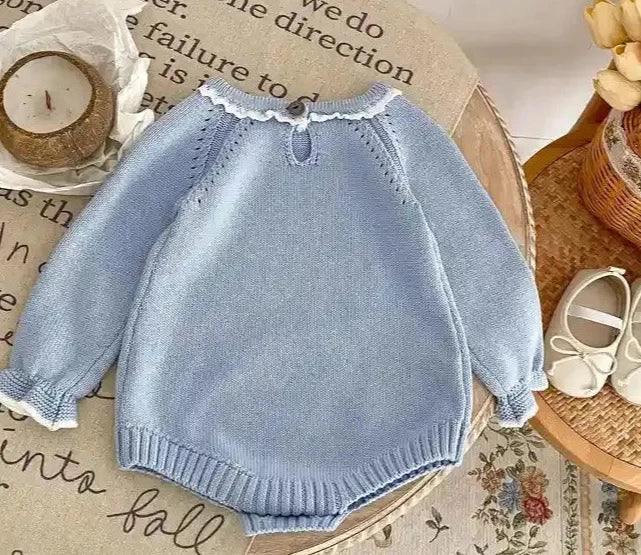 Boutique Blue Lace Trim Sweater Romper Pink Poodle Designz