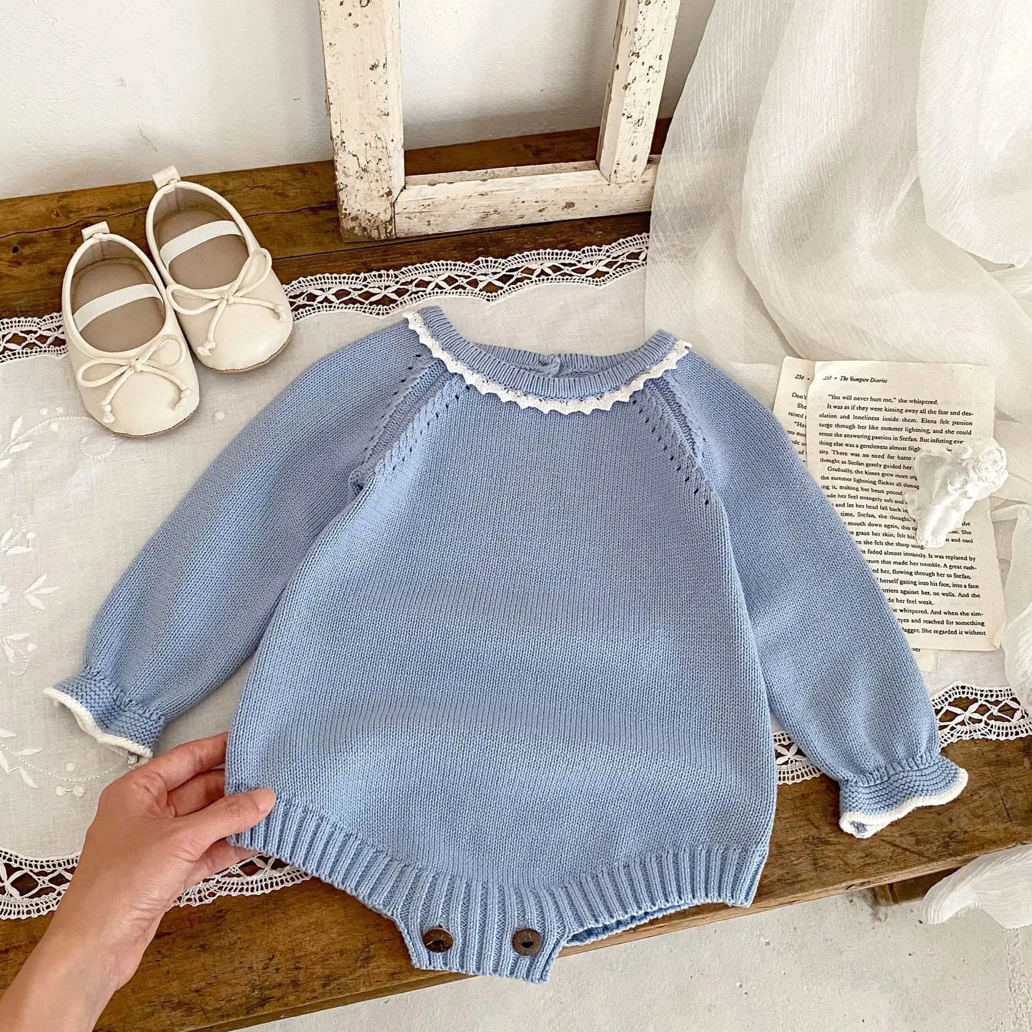 Boutique Blue Lace Trim Sweater Romper Pink Poodle Designz