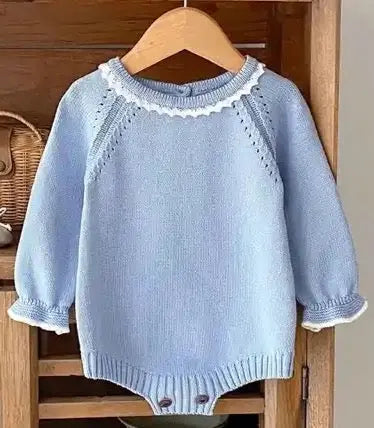 Boutique Blue Lace Trim Sweater Romper Pink Poodle Designz