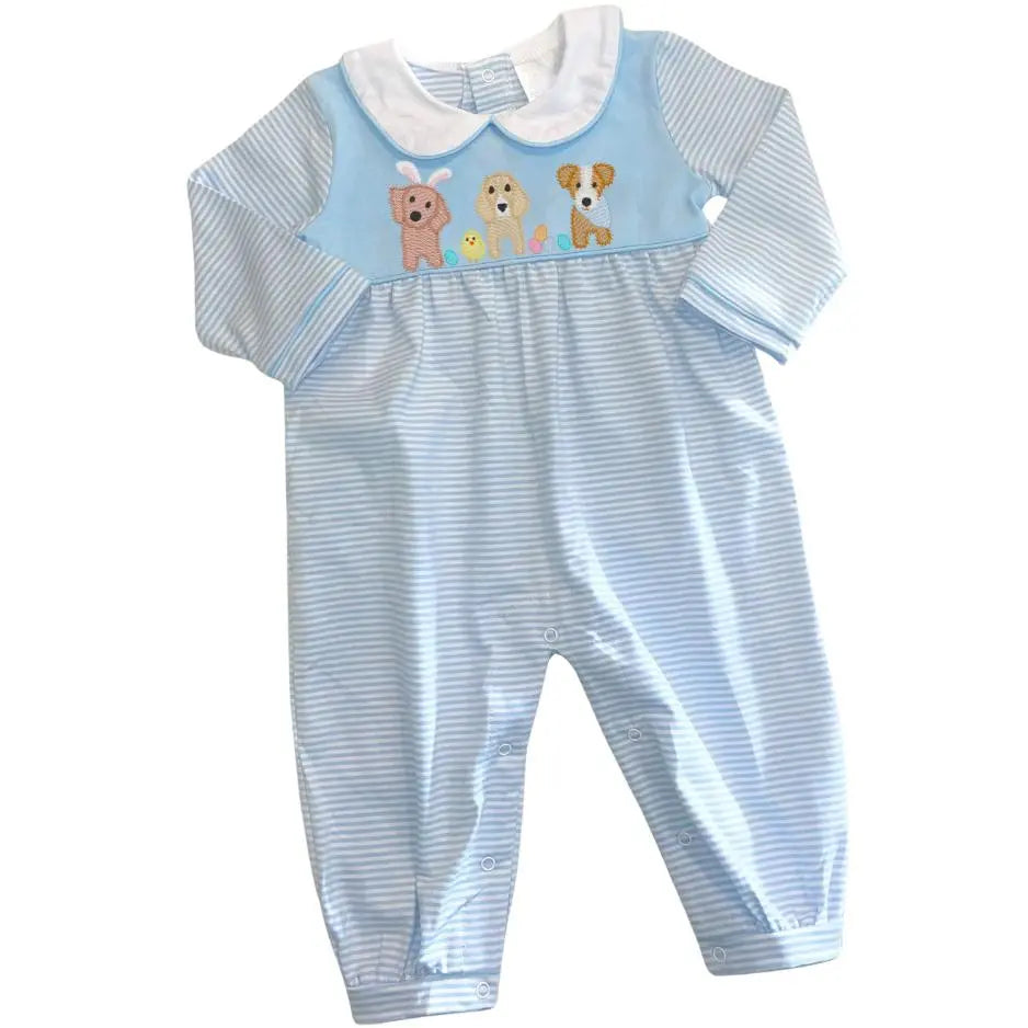 Boys Baby Blue Striped Long Sleeve Romper Pink Poodle Designz