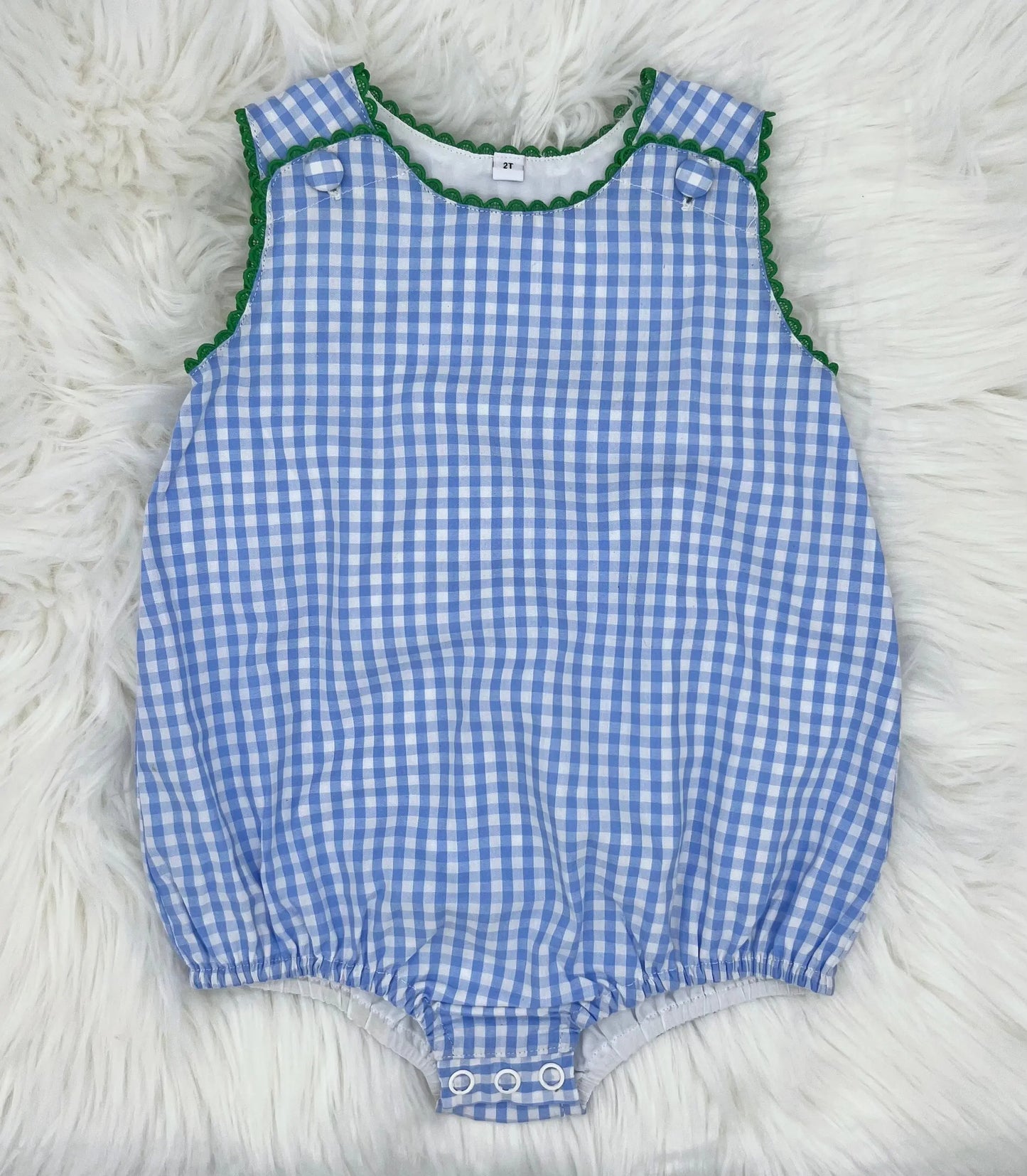 Boys Blue Gingham with Green RicRac Bubble Pink Poodle Designz