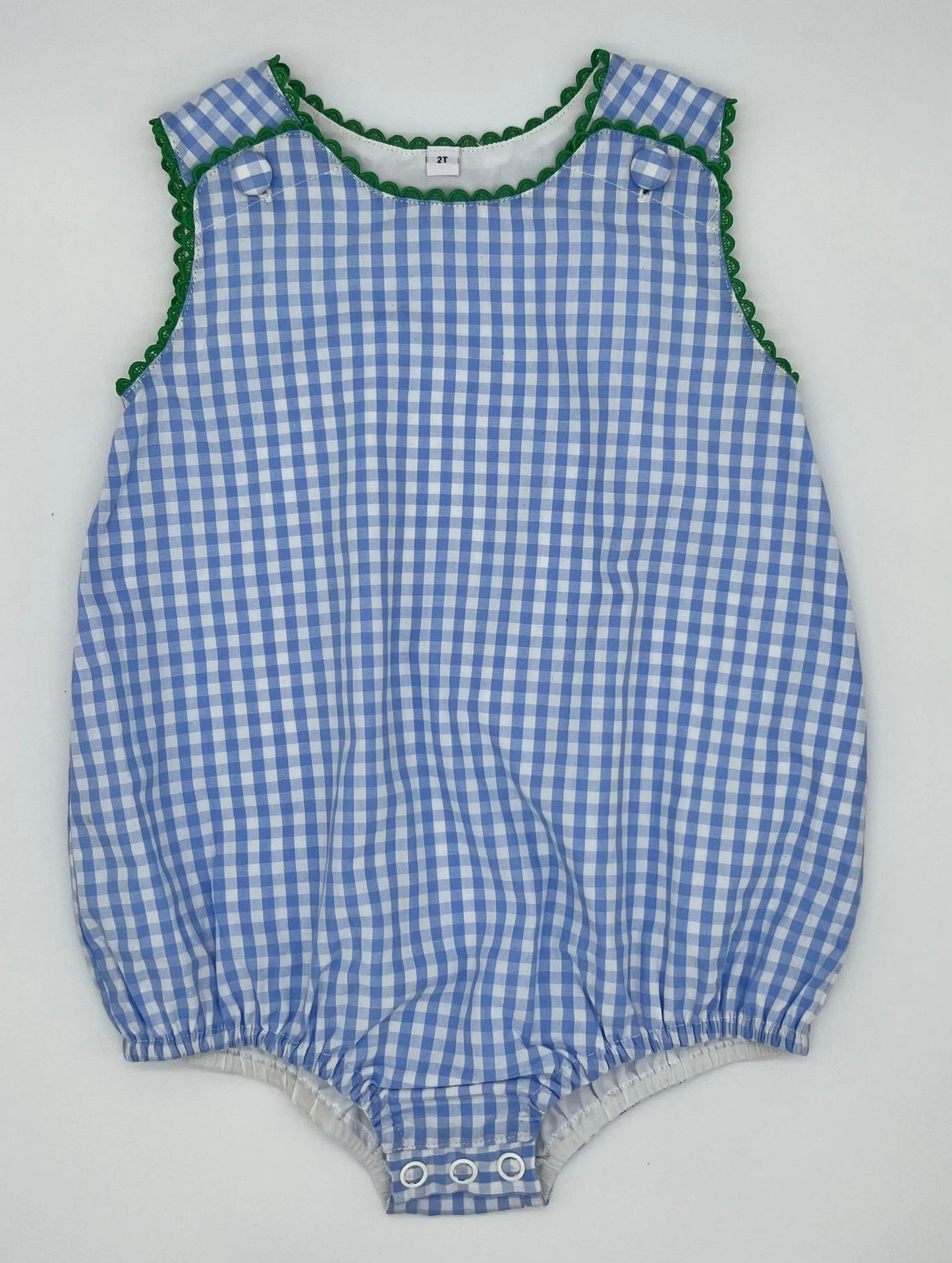 Boys Blue Gingham with Green RicRac Bubble Pink Poodle Designz