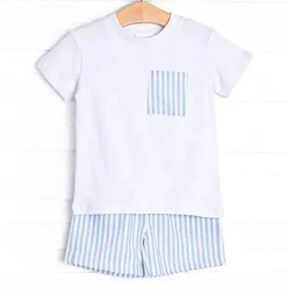 Boys Blue Stripe Summer Sets Pink Poodle Designz