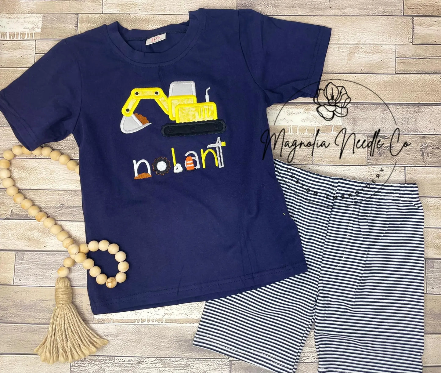 Boys Navy Solid Blue & Stripe 2PC Striped Short Sets Pink Poodle Designz