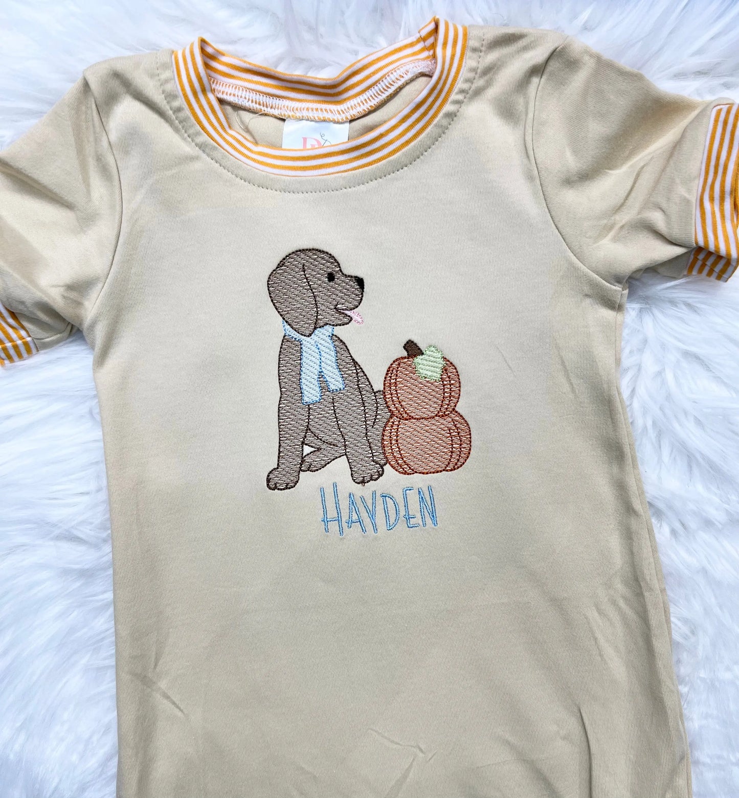 Boys Orange & Tan Stripe Romper Pink Poodle Designz