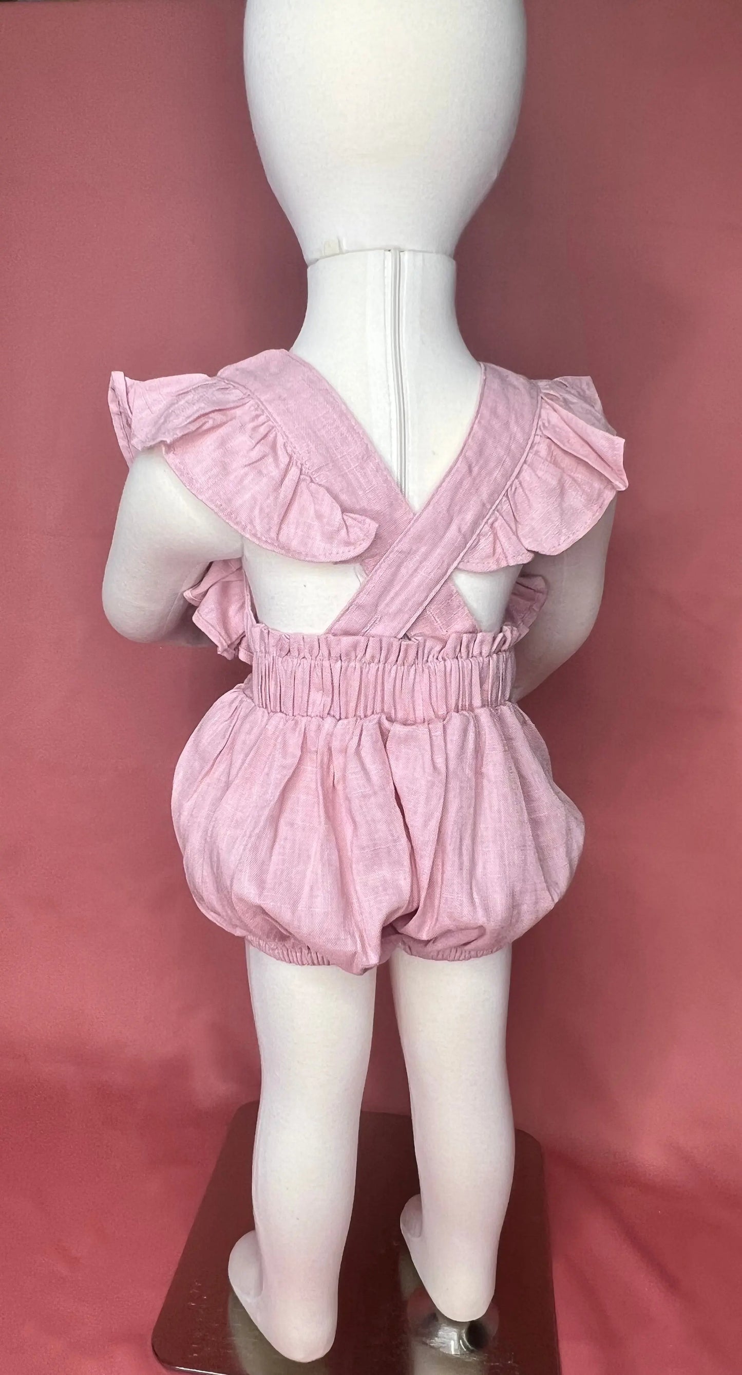 Cross Back Ruffle Bubble Romper Pink Poodle Designz
