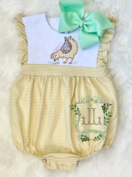 Girl's Yellow Striped Ruffle Bubble Pink Poodle Designz