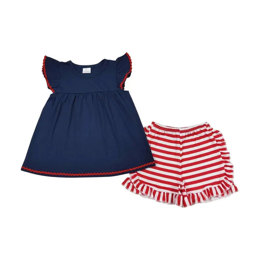 Girl’s 2PC Red, White, Navy Set Pink Poodle Designz