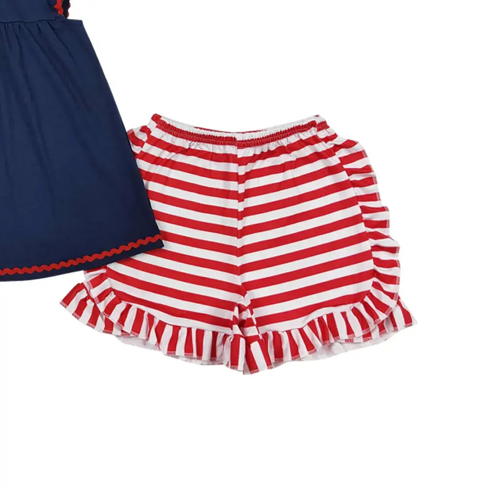 Girl’s 2PC Red, White, Navy Set Pink Poodle Designz