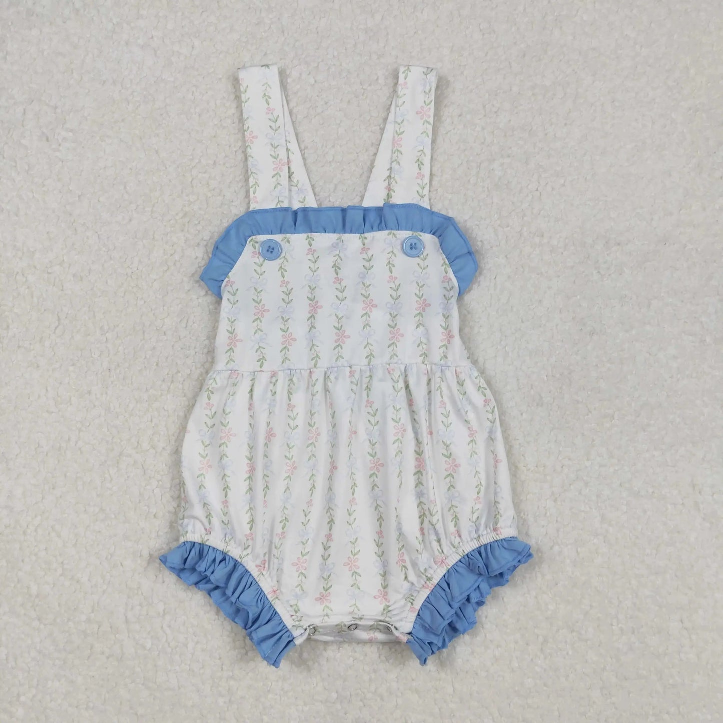 Girl’s Floral Blue Trim Sunsuit Pink Poodle Designz