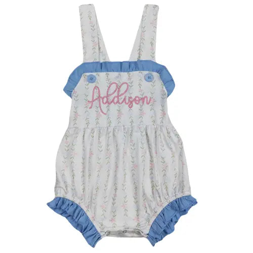 Girl’s Floral Blue Trim Sunsuit Pink Poodle Designz