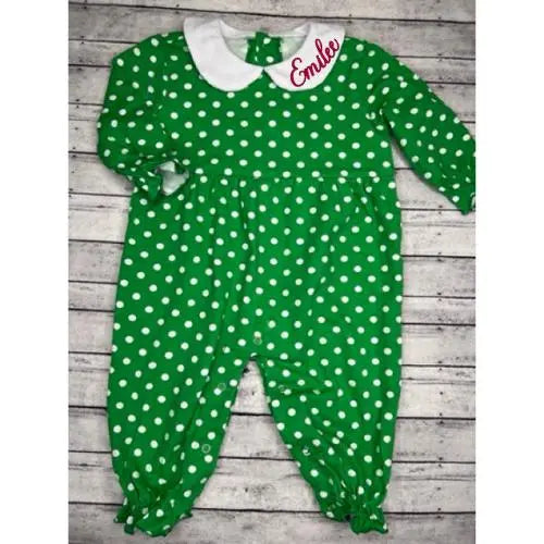 Girlβs Green & White Polka Dot Long Sleeve Romper Pink Poodle Designz