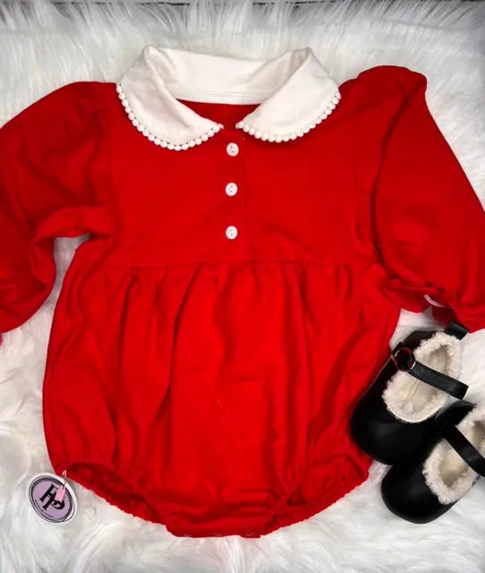 Girl’s Long Sleeve Doll Collar Romper Pink Poodle Designz