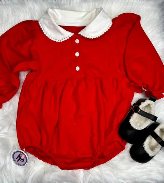 Girl’s Long Sleeve Doll Collar Romper Pink Poodle Designz