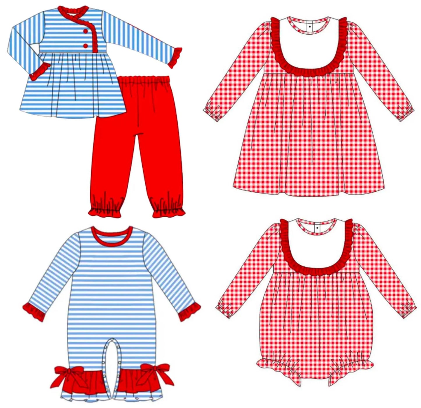 Girls Blue & Red Satin Bow Striped Romper Pink Poodle Designz