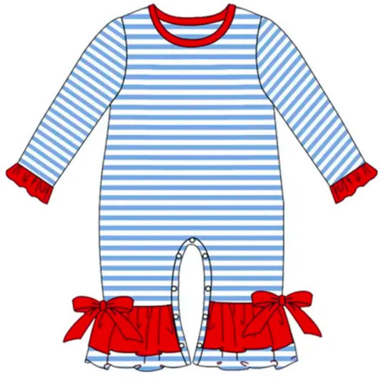 Girls Blue & Red Satin Bow Striped Romper Pink Poodle Designz
