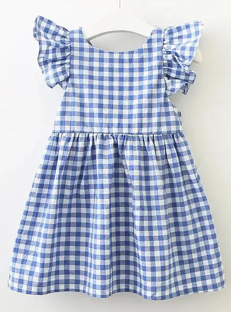 Girls Boutique Gingham Check Backless Summer Dresses Pink or Blue Blue Gingham / 3T