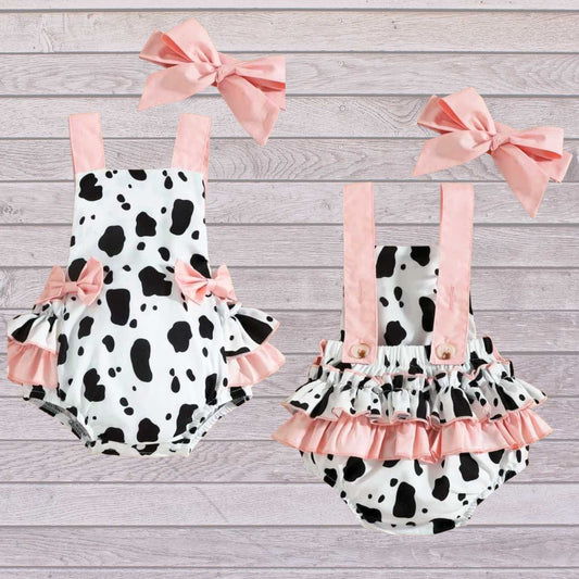 Girls Cow Print Ruffle Backless Sunsuit With Headband Pink Poodle Designz