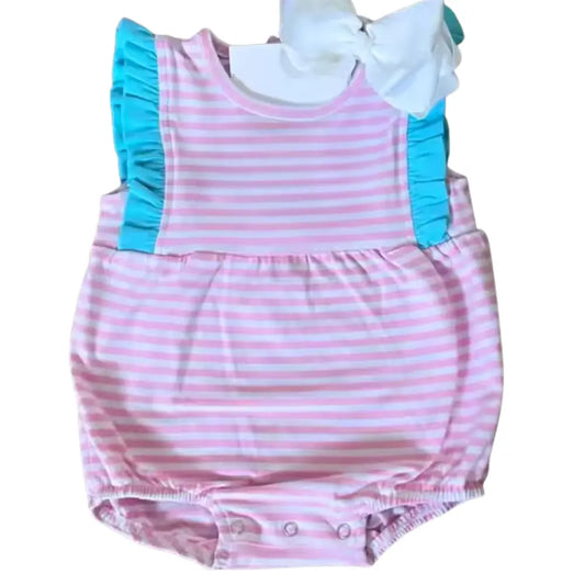 Girls Knit Ruffle Stripe Bubble & Sunsuit Pink Poodle Designz