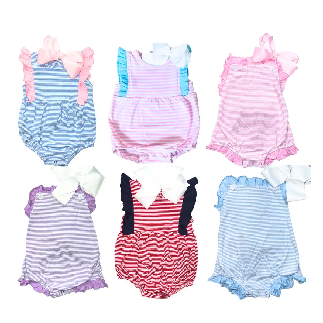 Girls Knit Ruffle Stripe Bubbles & Sunsuits Pink Poodle Designz