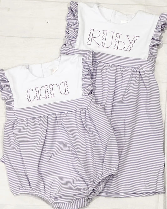 Girls Lavender Striped Ruffle Bubble Pink Poodle Designz