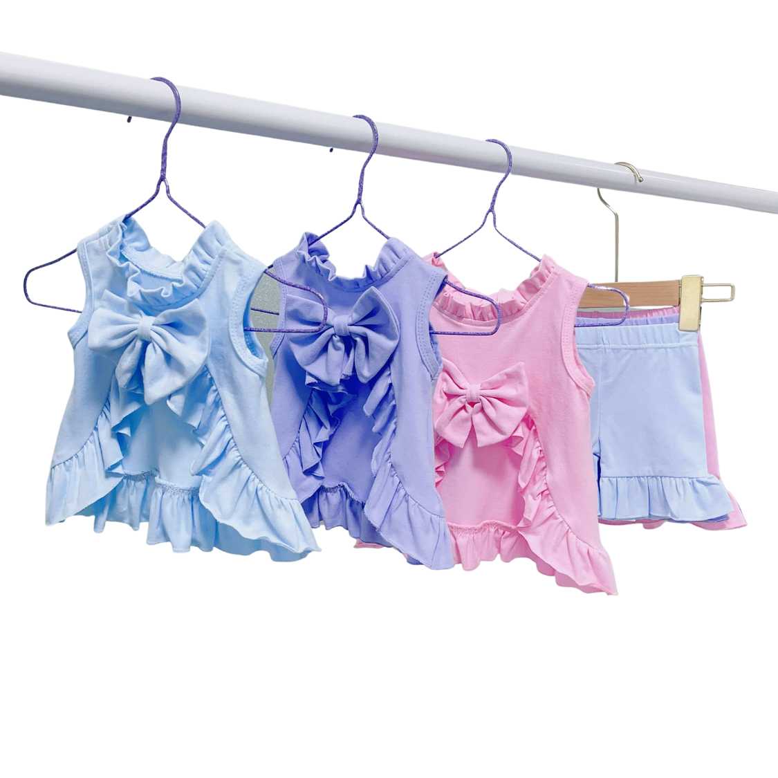 Girls Open Back Ruffle Bow Short Set Pink Poodle Designz