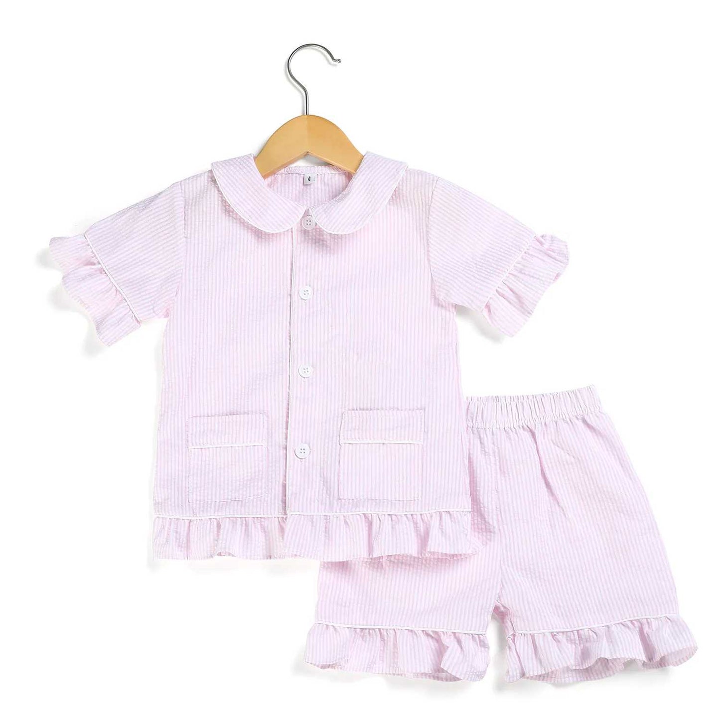 Girls Pink Seersucker Ruffle Pajama Short Set Pink Poodle Designz