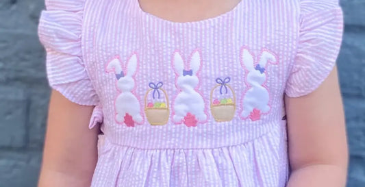 Girls Pink/White Ruffle Seersucker Dress Pink Poodle Designz