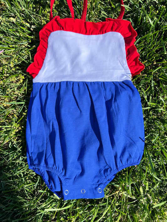 Monogrammed Red, White, & Blue Girl's Ruffle Knit Sunsuit Pink Poodle Designz