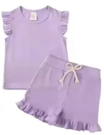 Girls Ruffled Ribbed Short Sets Pink Poodle Designz