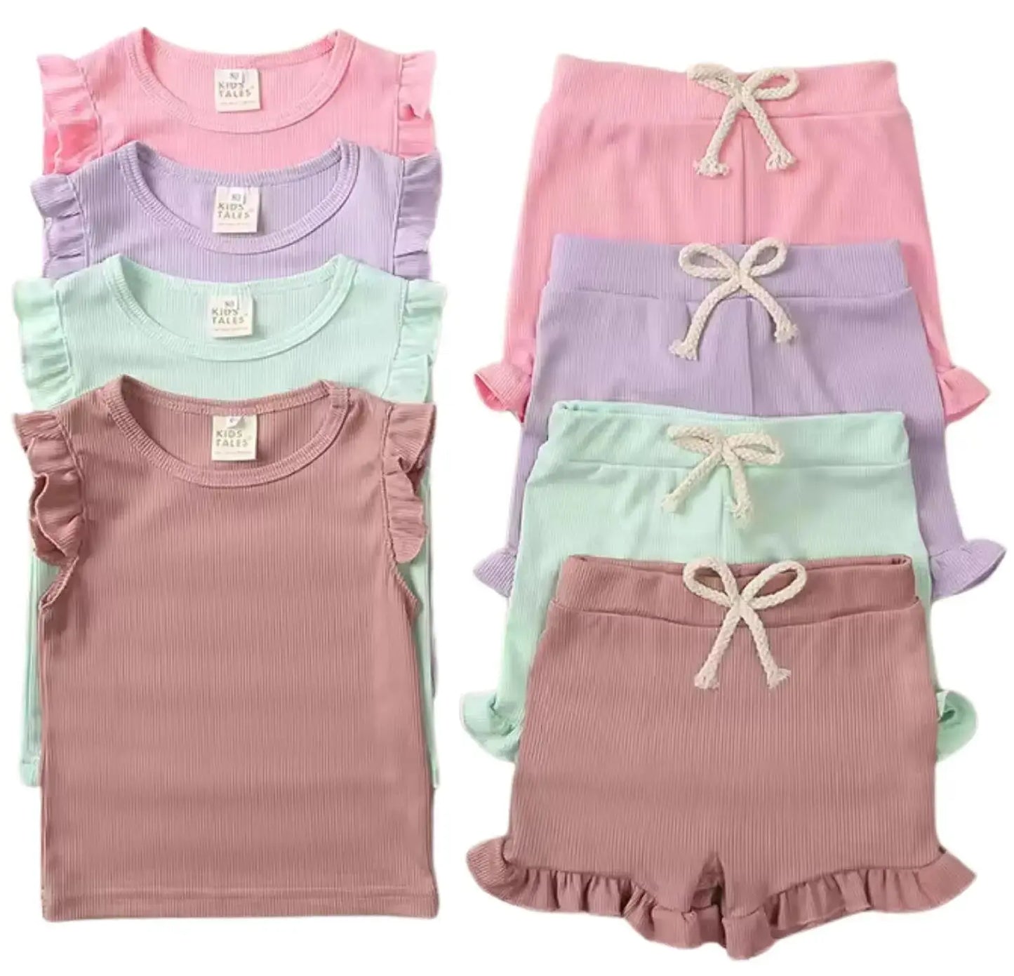 Girls Ruffled Ribbed Short Sets Pink Poodle Designz