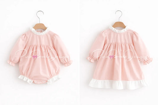 Heirloom Ruffle Dress & Matching Romper Pink Poodle Designz