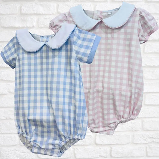 Infant Gingham Collared Bubble Pink Poodle Designz