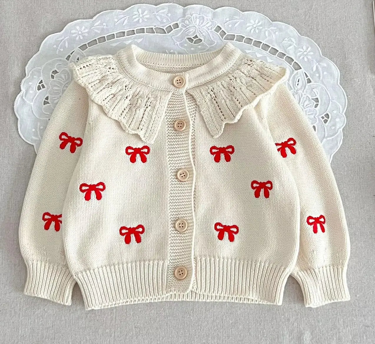 Infant/Toddler Ivory Knit Red Bow Sweater Pink Poodle Designz