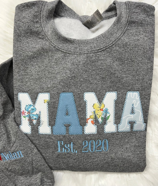 Keepsake Mama Crewneck Sweatshirt, Personalized Embroidered Applique Pink Poodle Designz
