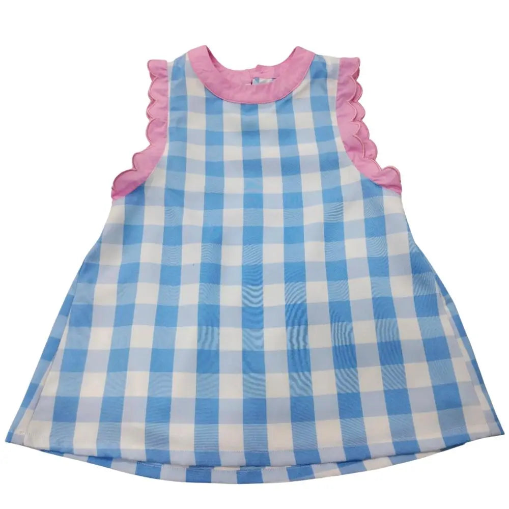 PREORDER Blue & White Gingham With Pink Scallop Trim & Open Back Pink Poodle Designz