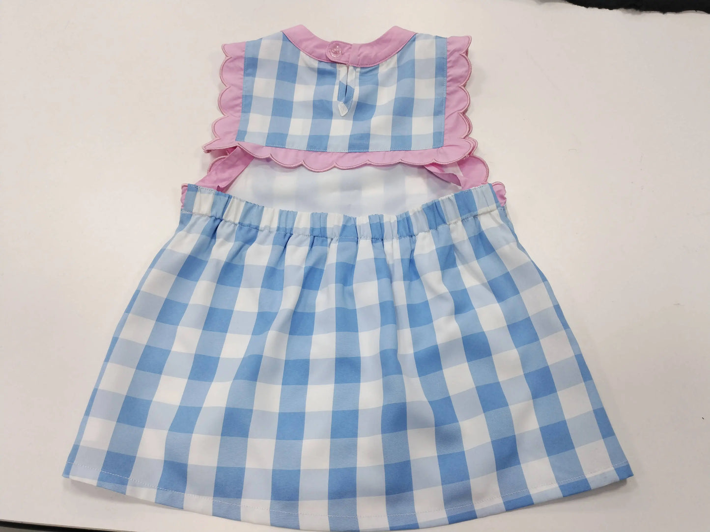 PREORDER Blue & White Gingham With Pink Scallop Trim & Open Back Pink Poodle Designz