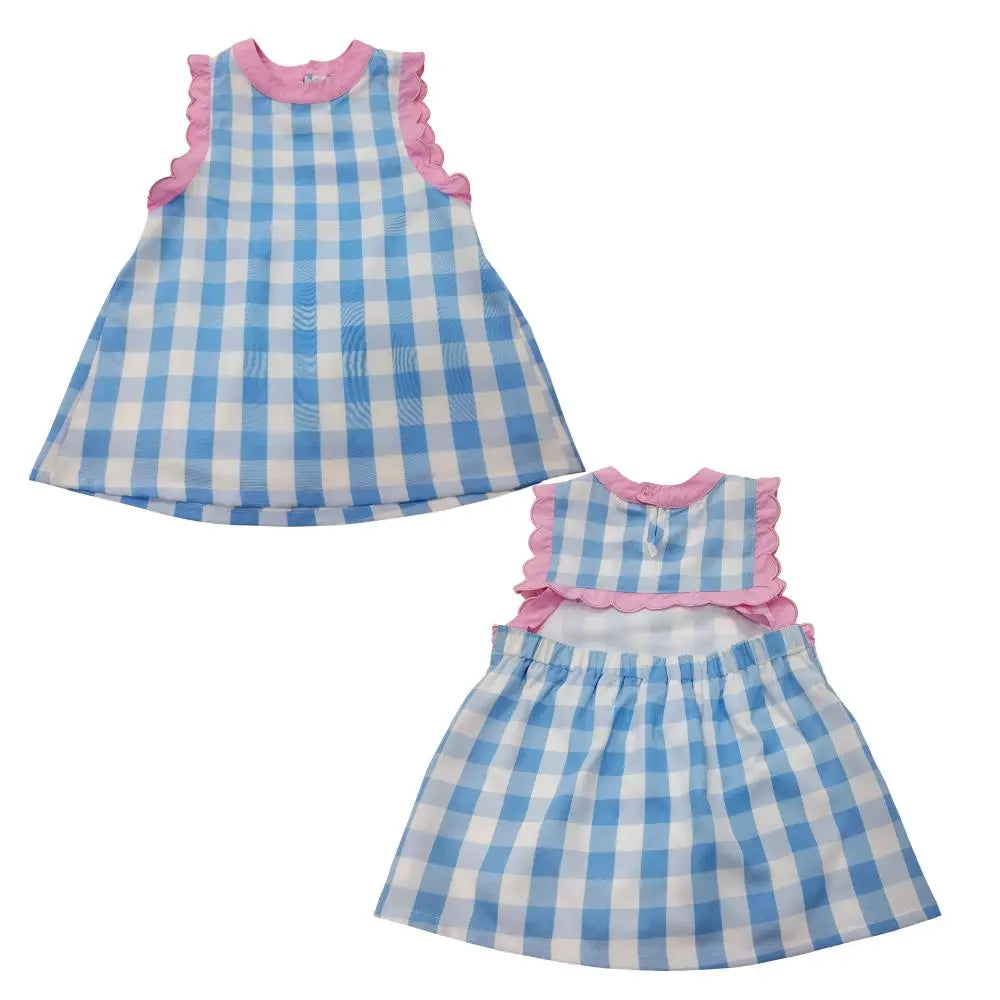 PREORDER Blue & White Gingham With Pink Scallop Trim & Open Back Pink Poodle Designz