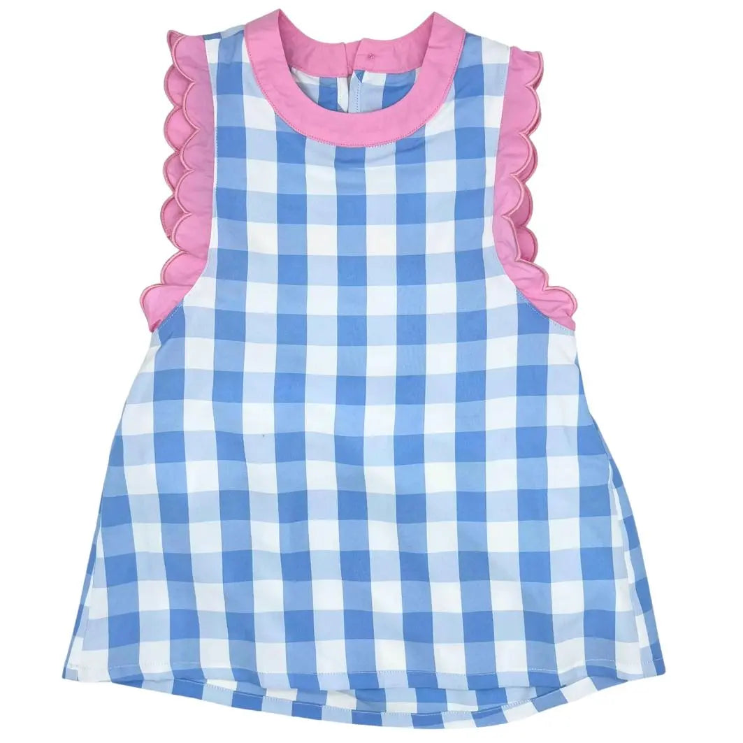 PREORDER Blue & White Gingham With Pink Scallop Trim & Open Back Pink Poodle Designz