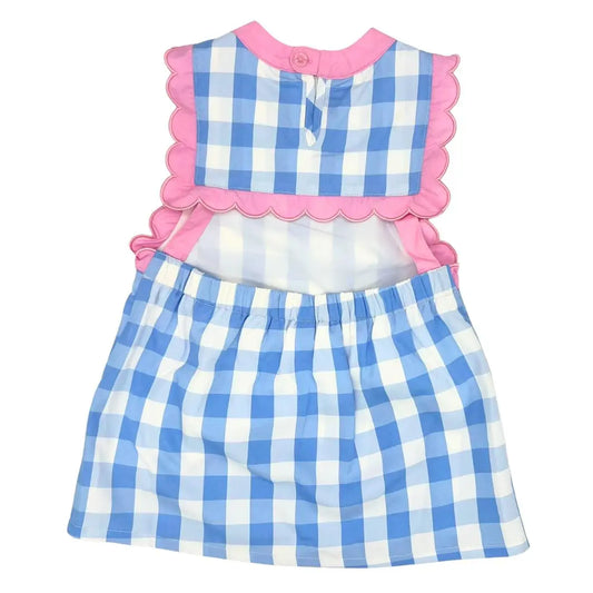 PREORDER Blue & White Gingham With Pink Scallop Trim & Open Back Pink Poodle Designz