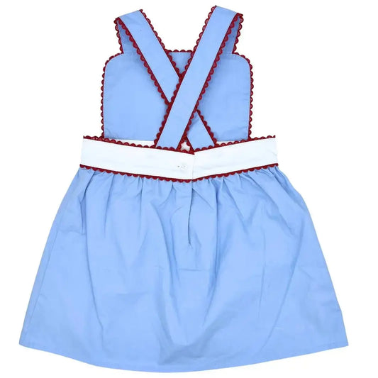 PREORDER Girls Blue & White With Red RicRac Trim Dress Pink Poodle Designz