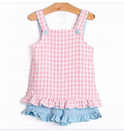 PREORDER Girls Pink Gingham Summer Short Set Pink Poodle Designz