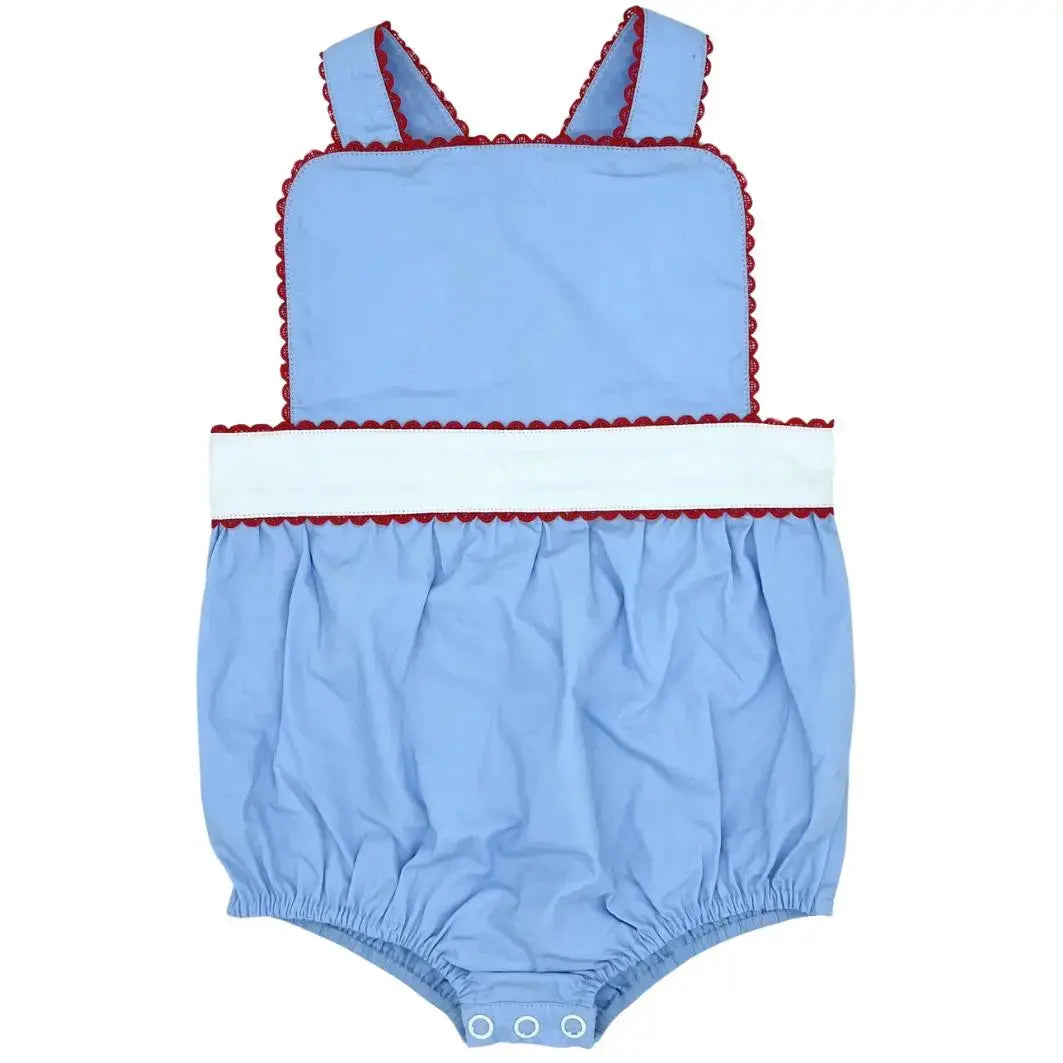 PREORDER Girls Red, White & Blue Sunsuit With Red Lace RicRac Trim Pink Poodle Designz