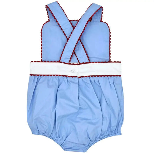 PREORDER Girls Red, White & Blue Sunsuit With Red Lace RicRac Trim Pink Poodle Designz