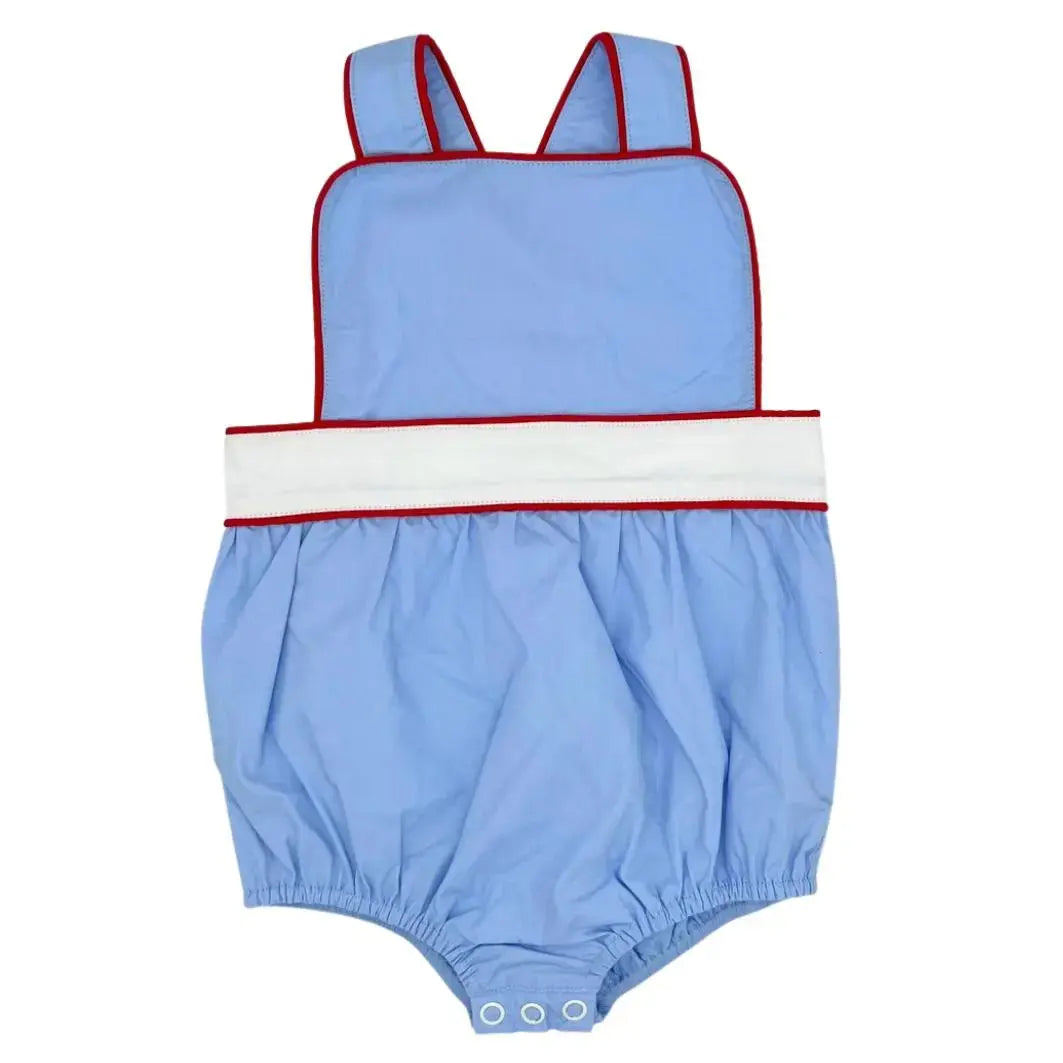 PREORDERS Boys Blue & White With Red RicRac Trim Sunsuit Pink Poodle Designz