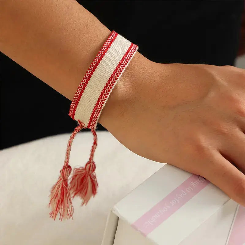 Retro Wrist Strap Ribbon Hand-Woven Tassel Bracelet Pink Poodle Designz