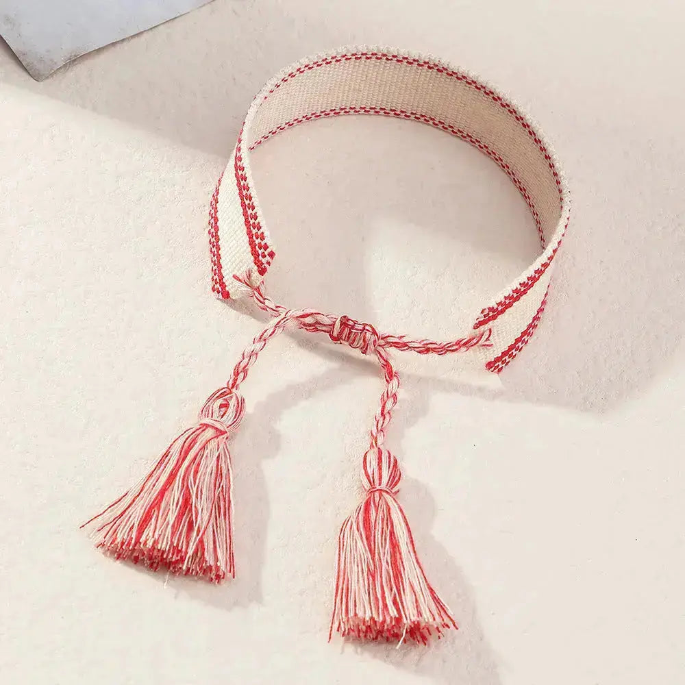 Retro Wrist Strap Ribbon Hand-Woven Tassel Bracelet Pink Poodle Designz