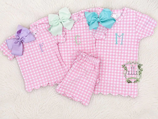 Summer Scalloped Gingham & Solid Sets Pink Poodle Designz
