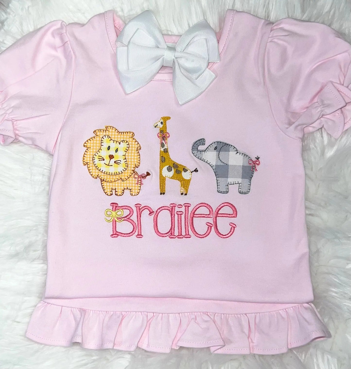 Sweet Short Sleeve Ruffle Pink T Shirt With Appliqué Zoo Animals & Personalization Pink Poodle Designz